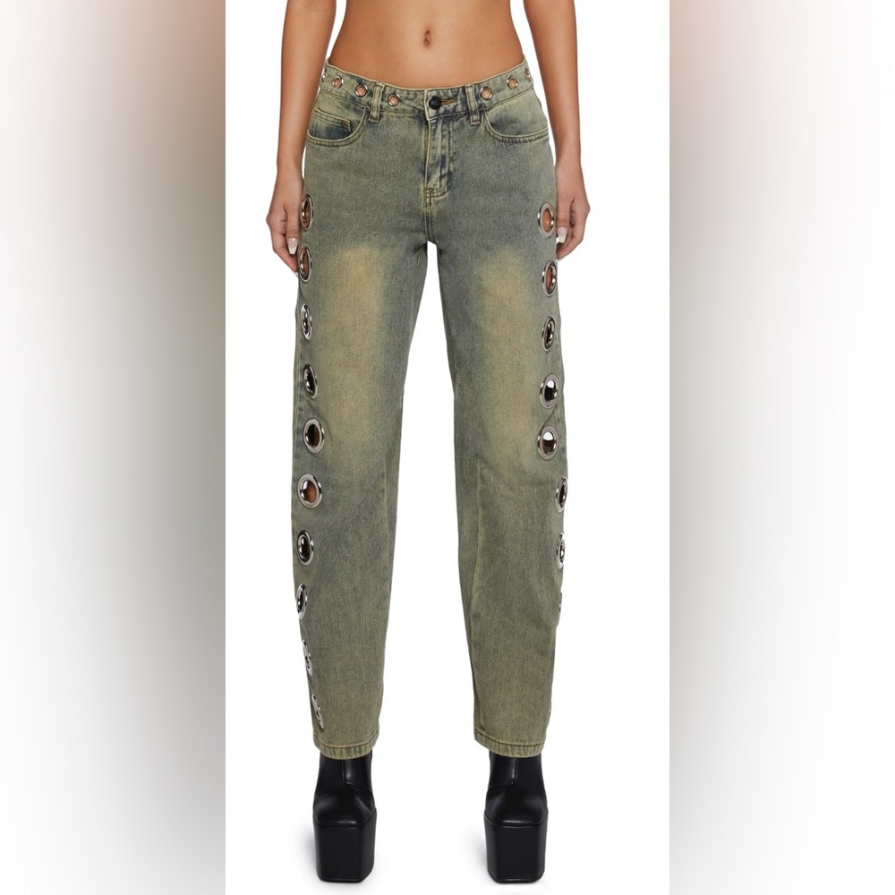 Grommeted dirty wash jeans